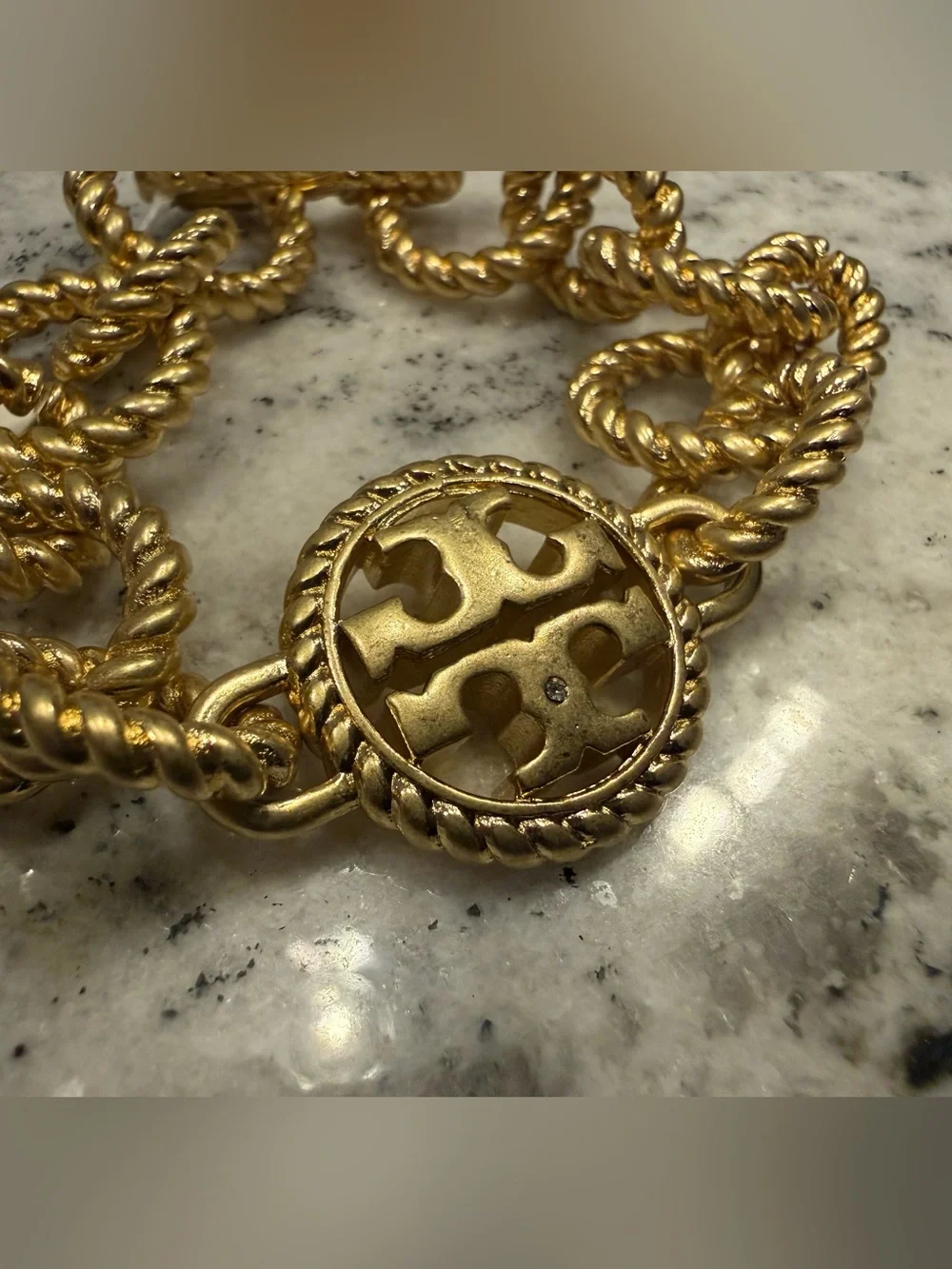 NWT Tory Burch Twisted Rope-Link Gold Chunky Logo Medallion Bracelet Chain